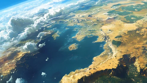 Orbital perspective renders luminous coastline and inland sea