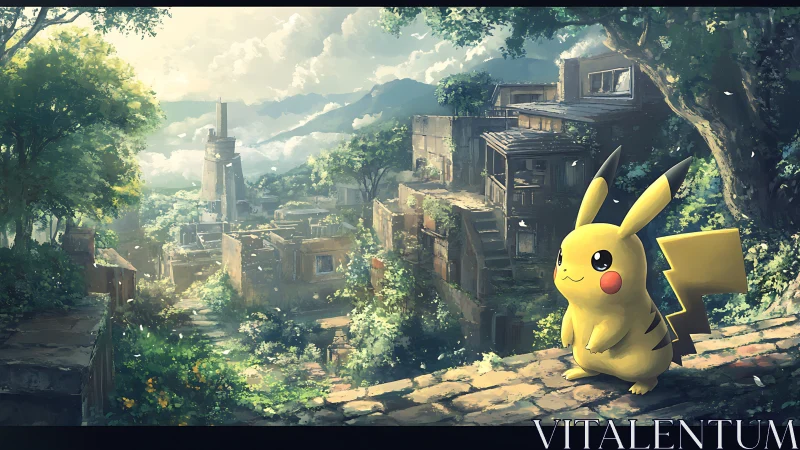 Pikachu overlooks sunlit ruins in lush painted landscape.