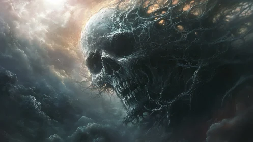 Colossal skeletal entity emerging from storm clouds.