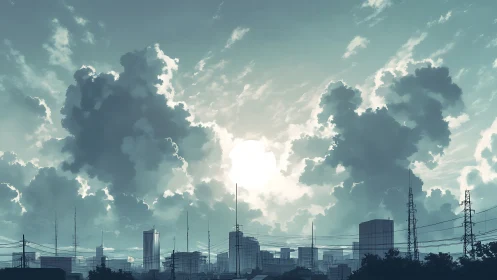 Sun-drenched city skyline beneath towering dreamclouds.