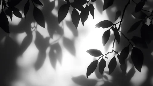 Soft shadow of leafy branches on wall, minimalist black and white.