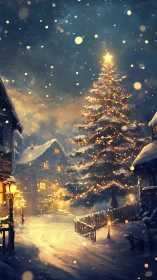 Starlit village tree casting golden hush on winter streets.