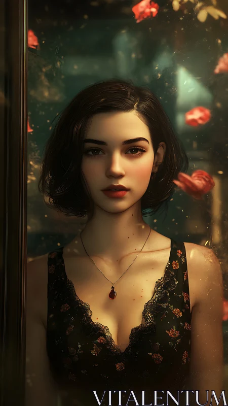 Velvet gaze holds falling petals in a dusk-lit reverie