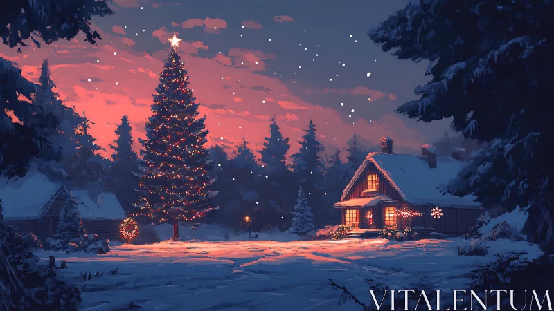 Snowy cabin glows warmly beside a sparkling Christmas tree