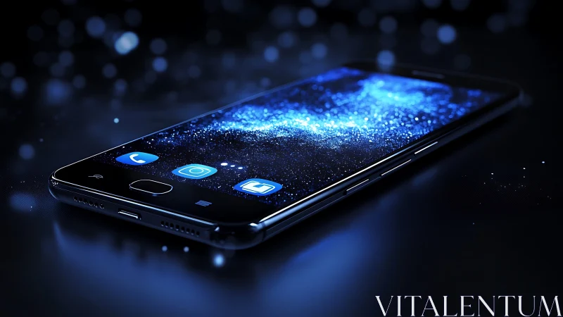Smartphone display glows with luminous blue galaxy pattern.