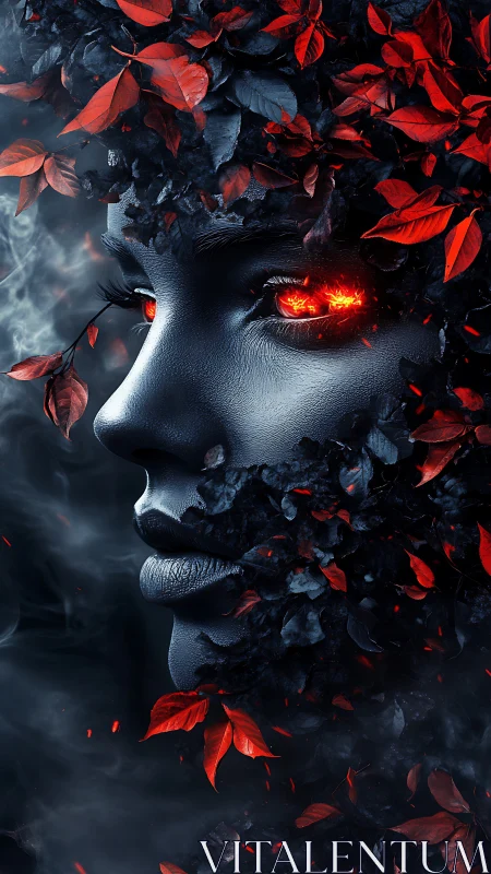 Infernal foliage portrait with ember eyes in deep shadow.