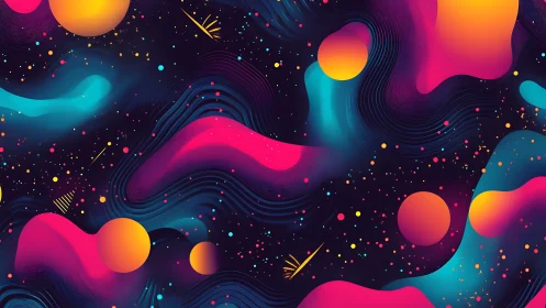 Neon gradient orbs drift through abstract cosmic fluid field