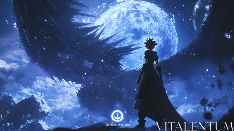 Lone swordsman confronts colossal dark wings before moon