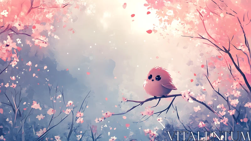 Cute Fluffy Bird on Branch in Dreamy Cherry Blossom Forest, Pastel Art.