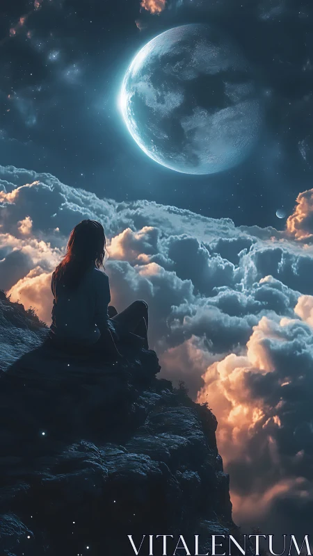 Figure on cliff edge facing large moon above cloud layer.