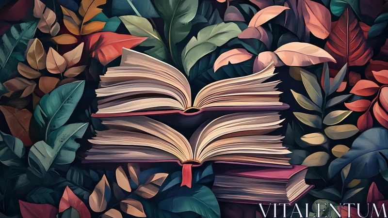 Story-lush leaves cradle fluttering books like bright birds