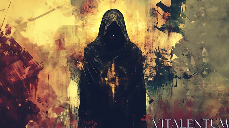 Hooded wraith silhouette framed by grunge infernal textures.