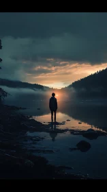 Solitary figure observes atmospheric lake sunset reflection