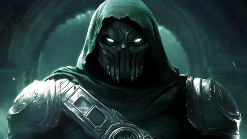 Hooded armored wraith glares through glowing emerald eyes