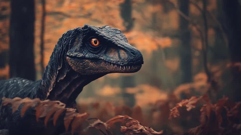 Velociraptor profile in muted autumn forest setting.