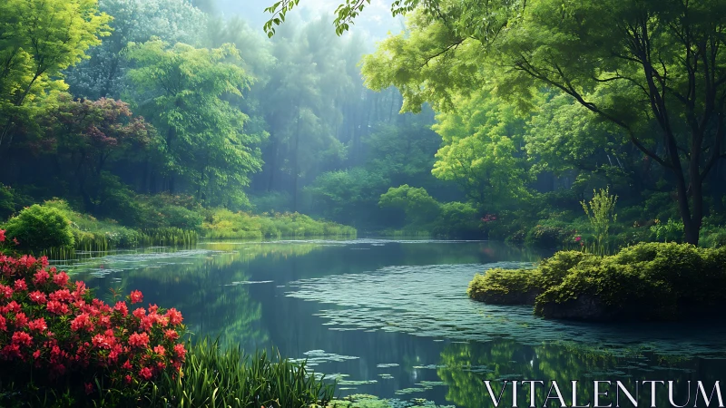 Forest lake reflects lush spring foliage and flowers.