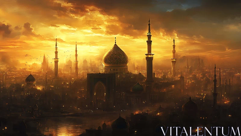 Sunlit domed cityscape with clustered minarets at dusk