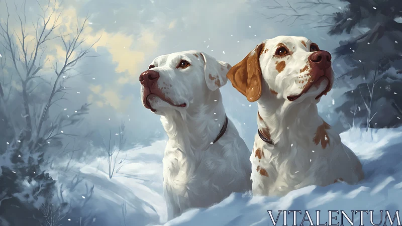 Two watchful hunting dogs share a serene winter sunrise