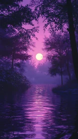 Moonlit magenta river winding through dreamy forest hush.