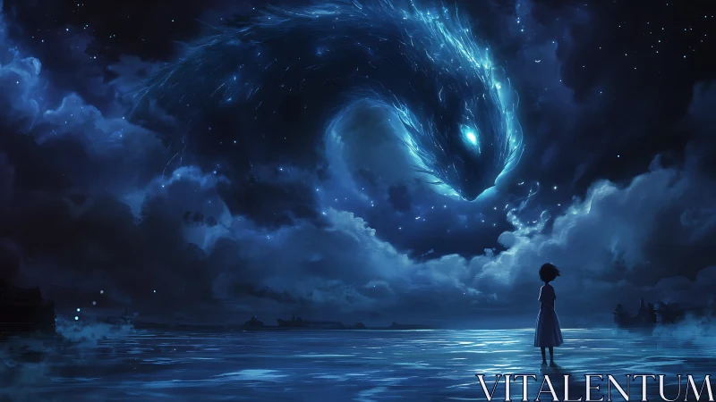 Child stands on reflective sea beneath glowing sky creature