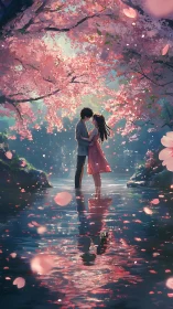 Lovers share a quiet embrace beneath glowing cherry blossoms