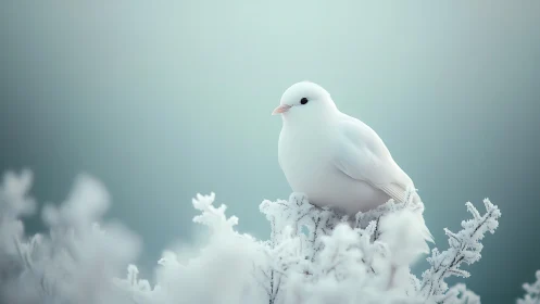 White dove perched on frosty branch, soft winter pastel style.