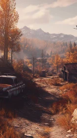 Autumnal mountain backroad with derelict vehicles rendered photorealistically.