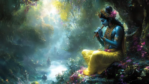 Blue deity plays flute in glowing mystical forest sanctuary
