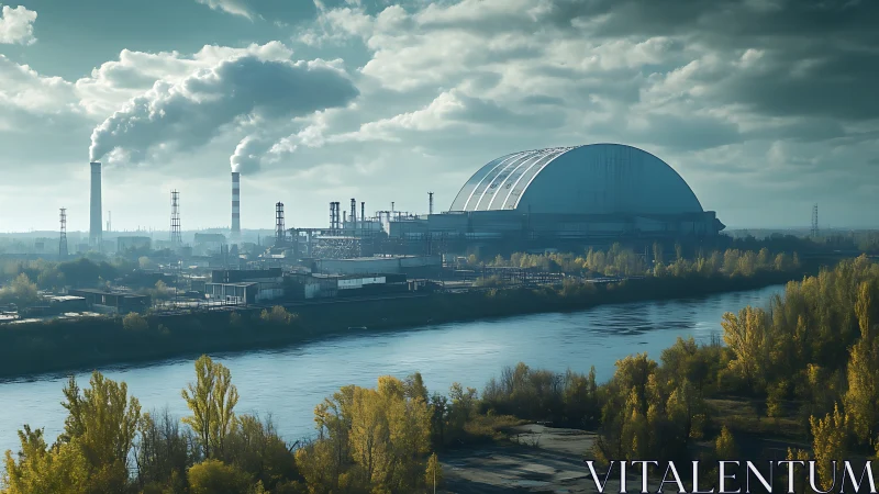 Industrial riverfront skyline under heavy smoke clouds.
