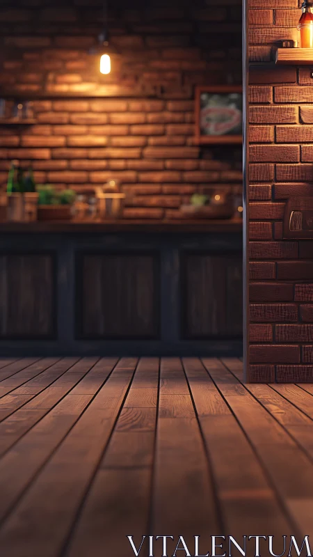 Moody brick kitchen aisle glowing in amber evening hush.