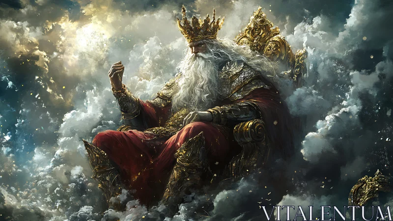 Elderly crowned king sits on ornate throne amid swirling clouds