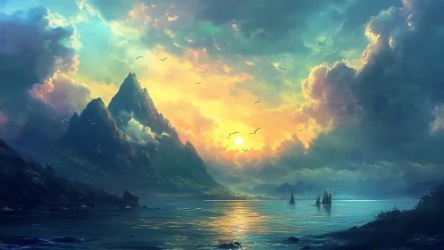 Digital seascape depicts mountainous coastline at sunset