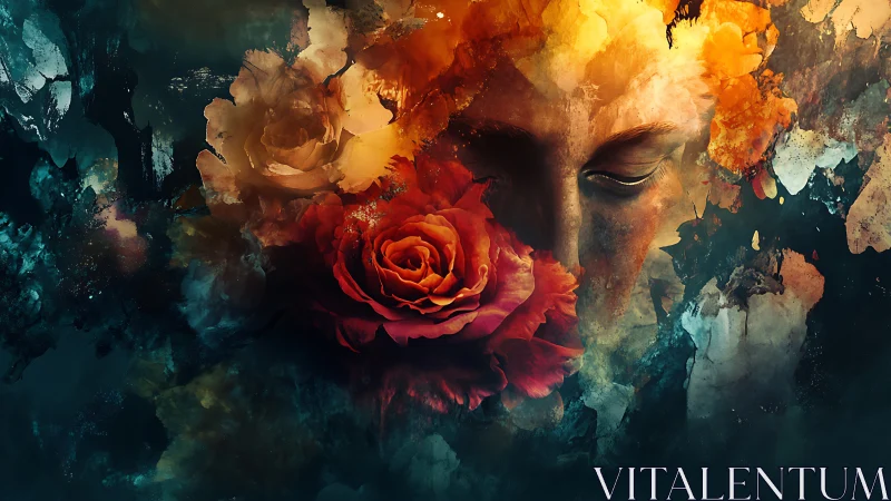 Surreal portrait merges molten rose and dissolving visage.