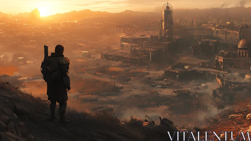Solitary armored figure surveys industrial wasteland at dusk