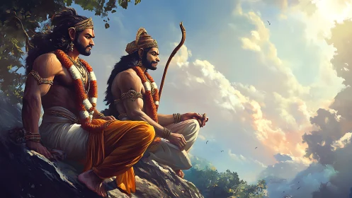 Meditative warriors at sunrise on sacred mountain ledge.