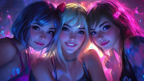 Neon lit friends sharing a glowing night of laughter.