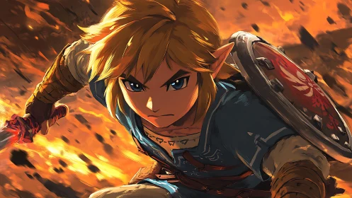 Blond elf warrior charges through roaring embers of battle.