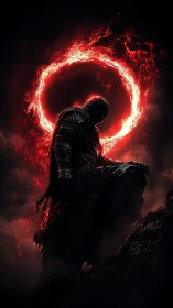 Shadowbound knight kneels beneath a blazing infernal halo.