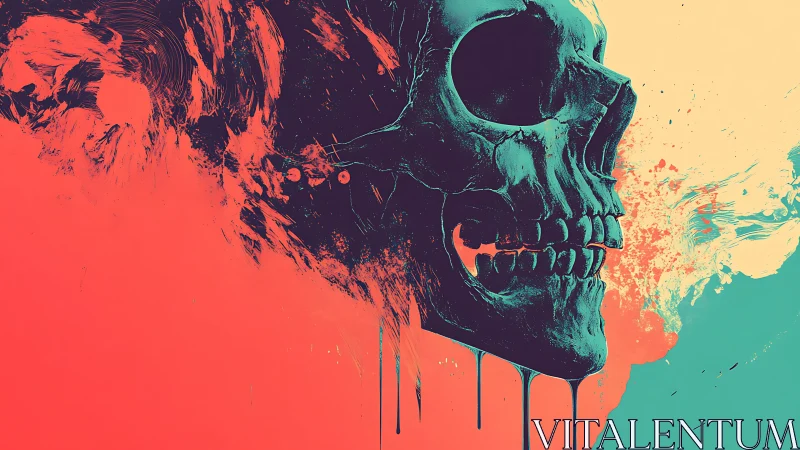 Neon skull profile in abstract dripping duotone paint.
