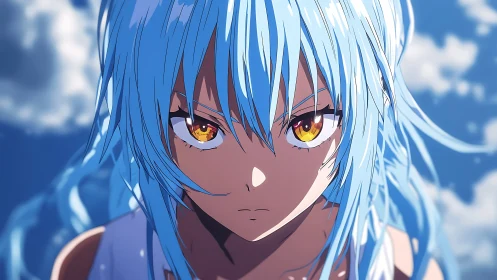 Blue haired anime warrior holds intense skyward gaze