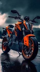 Storm-soaked orange streetfighter hums against brooding skies