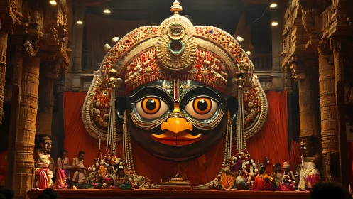 Photorealistic temple tableau with ornate ceremonial deity mask.