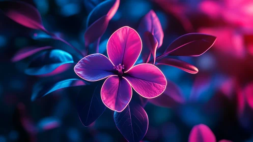 Neon pink blossom glows against deep blue bokeh background.