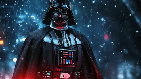 Armored figure in black helmet under falling rain at night.