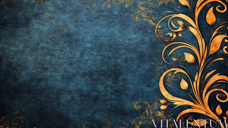 Gold floral ornament on textured blue decorative background.