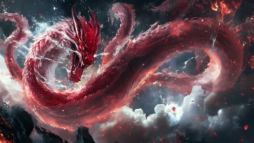 Red serpentine dragon amid clouds and volcanic fragments.