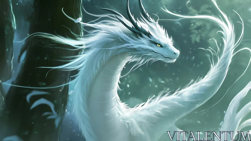 White serpentine dragon coils through misty enchanted forest
