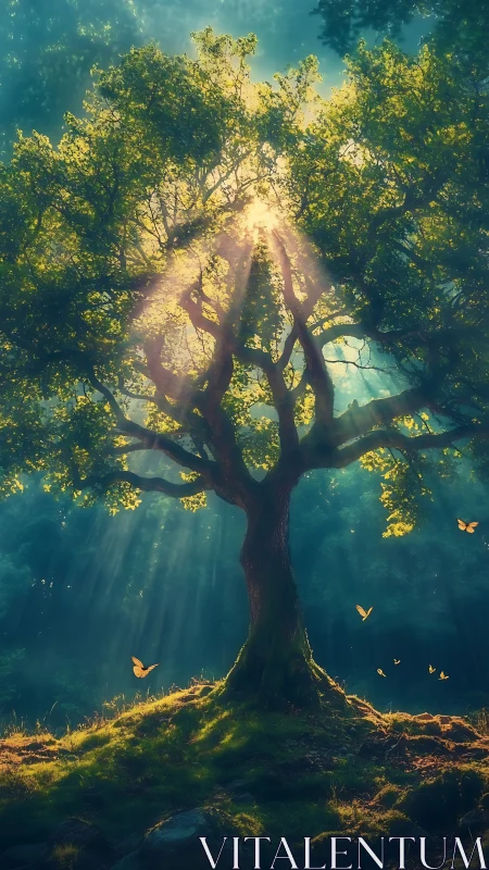 Solitary forest tree with sunlight rays through foliage.