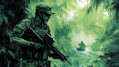 Special forces soldier stalks a misty jungle river on patrol