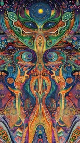 Psychedelic cosmic entity emerges in swirling neon symmetry